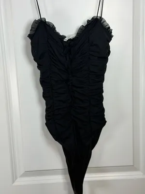 American Threads Black Ruffle Mesh Ruched Bodysuit thumbnail 2