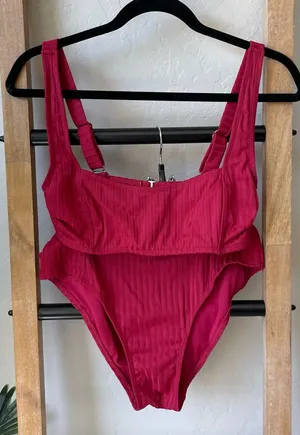 Xhilaration Ribbed Magenta Square Neck High-Waisted Bikini Set thumbnail 1