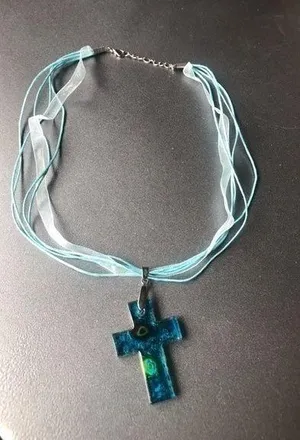 Handmade Glass cross with ribbon necklace. thumbnail 1