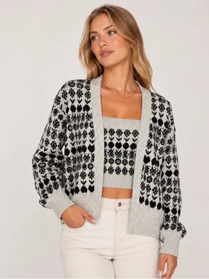 River Island Gray Black Fair Isle Patterned Cardigan Sweater Tank Matching Set thumbnail 1