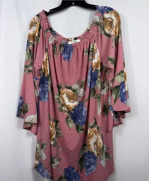 Emerald Floral Peasant Top 3X Pink Blue Boho thumbnail 1