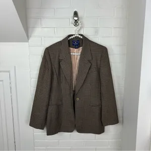 Vintage Chelsea Campbell Petites Brown Houndstooth Wool Blazer Jacket Size 8P thumbnail 7