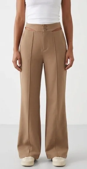 NWT Cider Khaki Cut Out Waist Wide Leg Trousers Womens XL Neutral Flowy Pants thumbnail 1