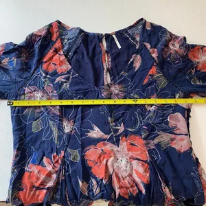 Free People Floral Boho Mini Dress Size 2 Navy Bell Sleeve Cutout Back thumbnail 5