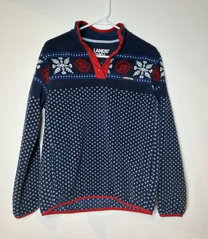 Lands' End navy blue fleece pullover white snowflake dot pattern Small thumbnail 1