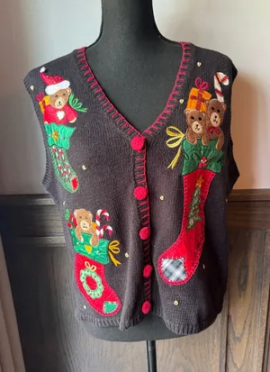 Nutcracker Festive Black Christmas Stocking Embroidered Sweater Vest medium thumbnail 1