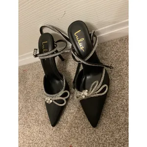 NWOT Lulus Lullie Black Rhinestone Bow Ankle Wrap Stiletto Heels Pumps Glam, 8 thumbnail 5