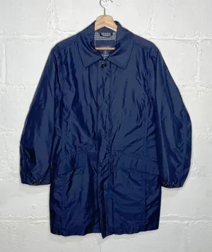 Lands' End Women's Navy Blue Long Zipper Button Gingham Lined‎ Trench Coat Small thumbnail 1