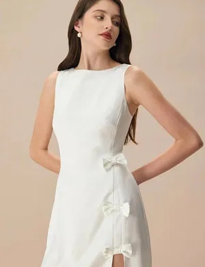 RIHOAS The White Boat Neck Bowknot Satin Mini Dress S thumbnail 4
