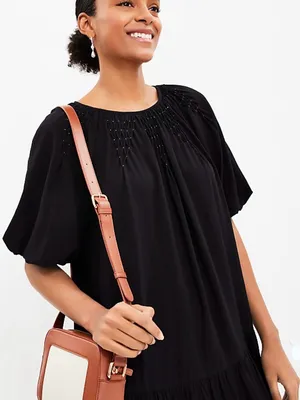 LOFT Smocked Pleated Flounce Dress Black Short Puff Sleeve Babydoll Dress Sz XL thumbnail 3