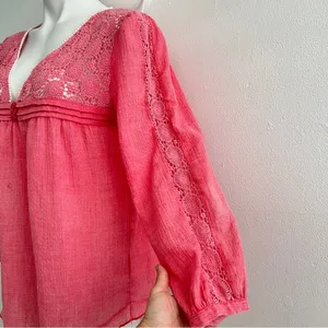 Anthropologie boho babydoll lace blouse top Pink coral SMALL NWOT thumbnail 4
