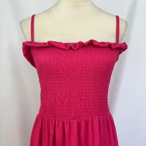 H&M Hot Pink Smocked Midi Dress Ruffle Trim Spaghetti Strap Sundress Women Large thumbnail 2