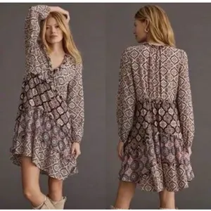 Anthropologie Dress Women's XS Multi Batik Print‎ Long Sleeve V Neck Tiered thumbnail 2