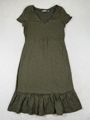 Boden Womens Olive Green Gold Polka Dot Cotton Ruffle Hem Dress US 8L J0341 thumbnail 1