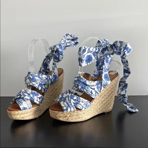 H&M Elegant Blue Patterned‎ Wedge Sandals Sz 37/6.5 thumbnail 2