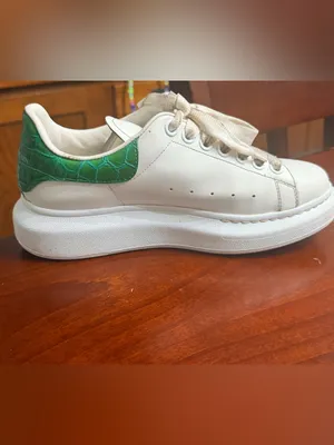 Alexander McQueen White Leather Platform Sneakers with Green Croc Heel thumbnail 5