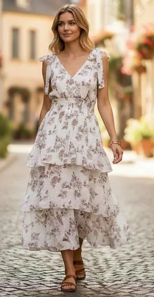 J. GEE Womens XL Maxi Dress Tan White Floral Tiered‎ Tie Shoulder Smocked NEW thumbnail 1