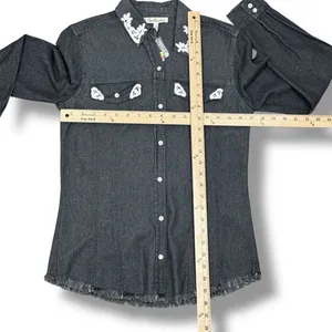 True Freedom Lace Trim Raw Edge Denim Button Up Shirt‎ Gray Black Small thumbnail 11