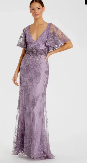Mac Duggal Purple Embellished Flutter Sleeve Evening Gown thumbnail 1