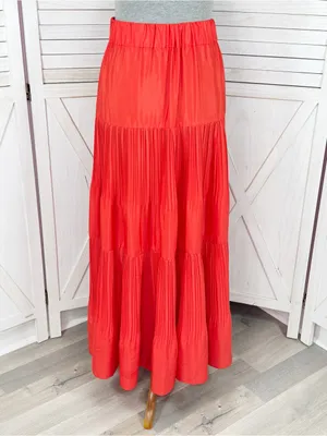 Outback Red Tiered Pleated Maxi Skirt Coral Orange Red XS Flowy Boho Tomato Girl thumbnail 4