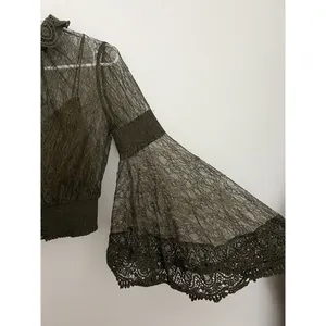 Alice + Olivia Moss Green Bell-Sleeve Crochet Collared Top Boho Fairy Grunge Witchy Ethereal thumbnail 4