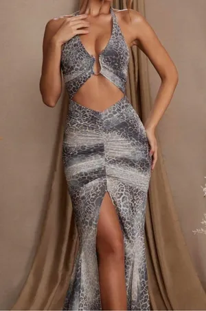 Oh Polly Halterneck Cut Out Maxi Dress in leopard sheer Print Size 2 US NWT thumbnail 1