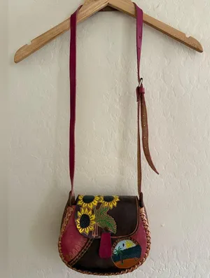 Colorful Leather Crossbody Bag with Sunflower Design thumbnail 1