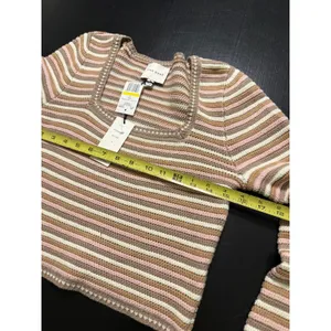 Pink Rose Oat Stripe Cropped Knit Sweater Square‎ Neck PF4S26893DG NWT Medium thumbnail 6