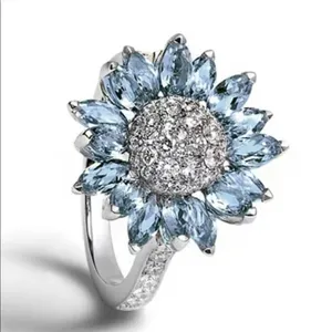 Sunflower Statement Ring Blue CZ Crystal Petals Silver Tone Size 10 NWT thumbnail 8