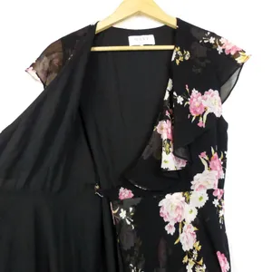 WAYF Palermo Wrap Dress Womens L Black Floral Chiffon High Low Maxi Romantic thumbnail 5