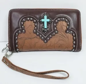 Rustic Couture Studded Turquoise Cross Embossed Western Wallet Clutch thumbnail 1