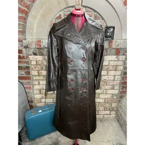 leather trench coat brown double breasted Vintage 1970s sz 7 thumbnail 4