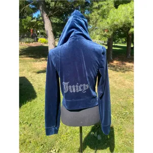 Juicy Couture Navy Blue Velour Zip-Up Hoodie Cropped Y2K Loungewear thumbnail 3