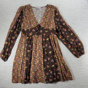SO Mini Dress XL Brown Mixed Ditzy Floral Print Fit & Flare Cottagecore Prairie thumbnail 6