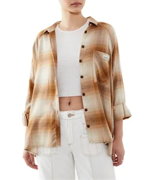 BDG Women’s Oversized Brown Plaid Button-Up Shirt – Casual Fall Layering Flannel thumbnail 1