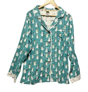 Munki Munki Womens Pajama Top XL‎ Teal Snowman Print Cozy Holiday Whimsy Lounge thumbnail 1