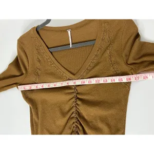 Free People Wear Me Out Brown Waffle Knit Ruched Mesh Sleeve Top Small thumbnail 6