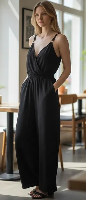 Jennifer Lopez Black‎ Sleeveless Wrap Front Jumpsuit Gold Ring Hardware Small thumbnail 1