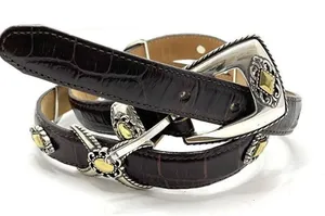 Brighton Belt #40388 Brown Leather Silver Gold Buckle Croc Embossed Size 30 Med thumbnail 1