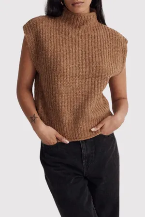 NWT Madewell Womens Vest Brown Stimpson Sweater Wool Knit Ribbed Pullover Medium thumbnail 1