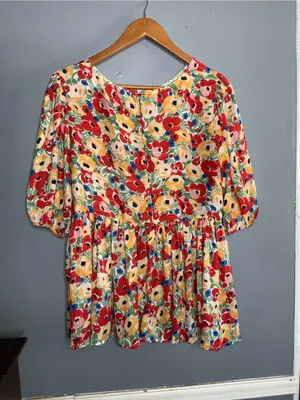 Umgee Floral Puff Sleeve Peplum Top in Red, Yellow, Green & Blue Large thumbnail 7
