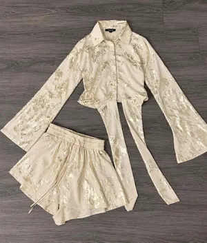 Cream & gold metallic floral print set Gold marble mini short set thumbnail 1