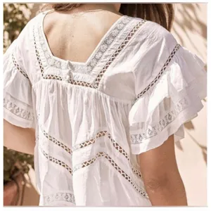 Saylor Blouse Womens Small White Lace Trimmed Ruffle Sleeve Boho Summer Top thumbnail 4