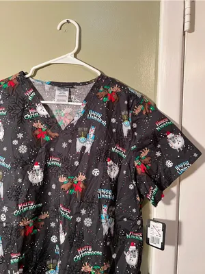 Cherokee Women's Sz Large Merry Whatever Scrub Top Gray V-Neck Holiday Christmas thumbnail 7