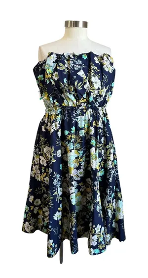 Anthropologie‎ Floral Ruffled Strapless Blue A Line Dress NWT Size Large thumbnail 1