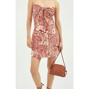 Anthropologie Blue Tassel Red Paisley Floral Strapless Tie Front Mini Dress L thumbnail 4