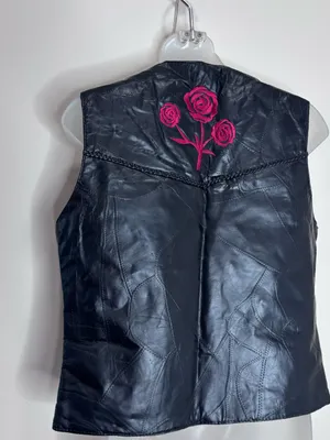 Diamond Plate 100% Buffalo Leather Vest Pink Rose Embroidery Biker small goth Black thumbnail 3