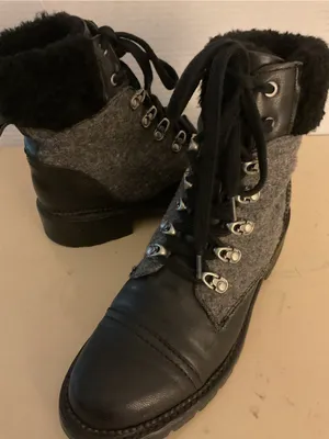 Frye women Black Leather and Gray Wool Lace-Up Shearling Samantha Boots US 8 thumbnail 10