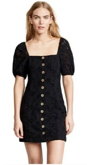 Free People Womens Dress Black Daniella Eyelet Mini Puffed Babydoll Boho Size 8 thumbnail 1