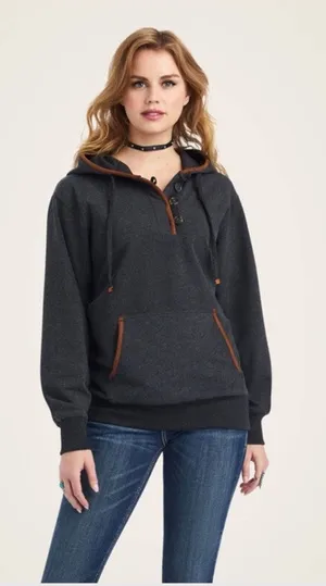 Ariat Real Elevated Hoodie Women’s Sz XL Fleece Leather Trim Henley Sweatshirt thumbnail 1